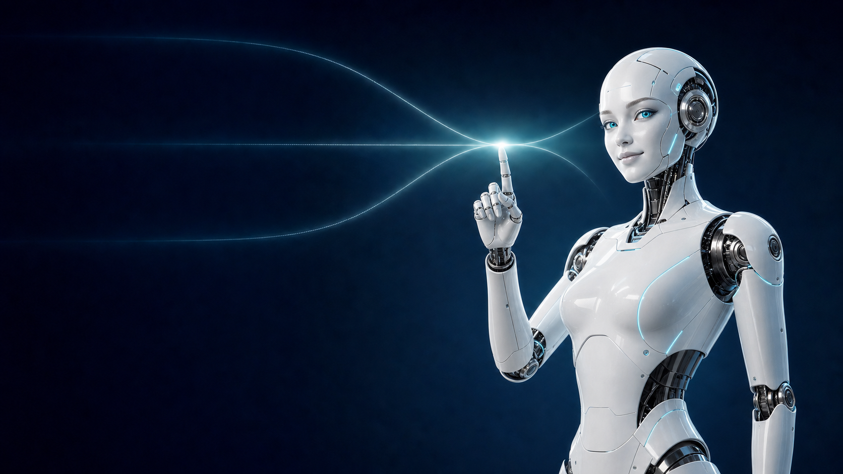 白い女性型AIロボットが指を立て、業務課題を解決できることを示すイメージ